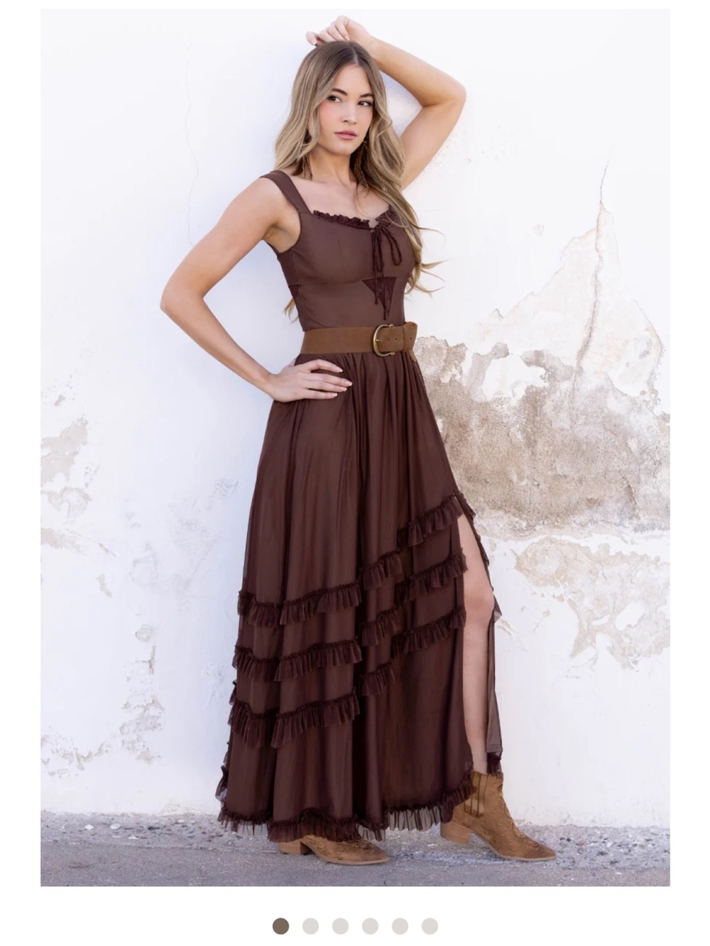 Joyfolie Chocolate Brown Elinda Ruffled Maxi Dress